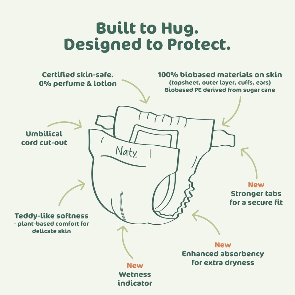 Naty Bioembrace Baby Newborn Diapers Size 1 (411 Lbs) | 100% Biobased On Skin | Plant-Based Softness | Dermatologically Tested, Super Absorbent | 100 Count