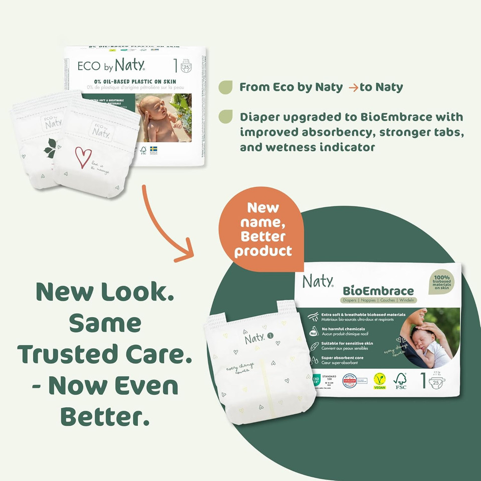 Naty Bioembrace Baby Newborn Diapers Size 1 (411 Lbs) | 100% Biobased On Skin | Plant-Based Softness | Dermatologically Tested, Super Absorbent | 100 Count
