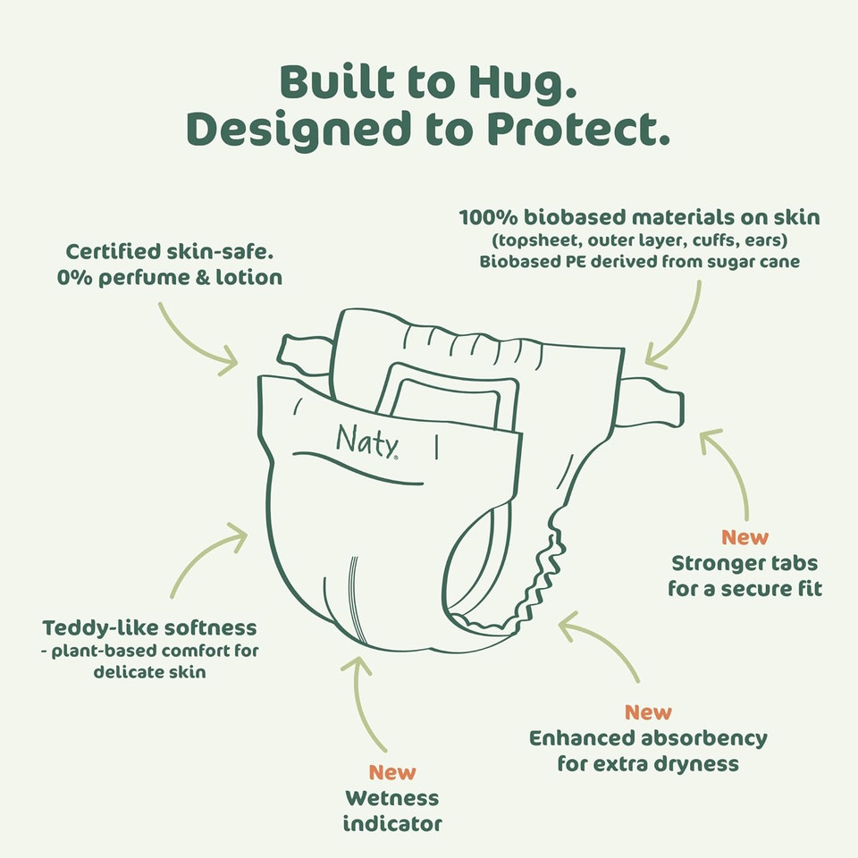 Naty Bioembrace Baby Newborn Diapers Size 2 (613 Lbs) | 100% Biobased On Skin | Plant-Based Softness | Dermatologically Tested, Super Absorbent | 33 Count