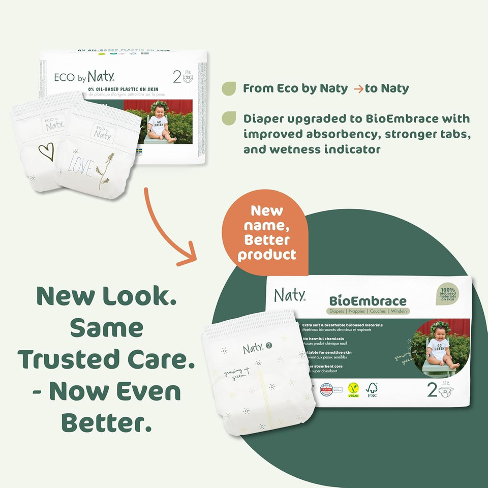 Naty Bioembrace Baby Newborn Diapers Size 2 (613 Lbs) | 100% Biobased On Skin | Plant-Based Softness | Dermatologically Tested, Super Absorbent | 33 Count