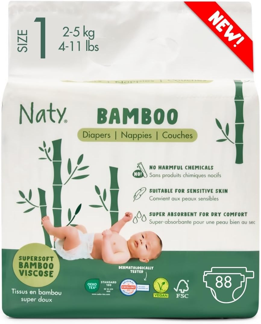 Naty Bamboo Viscose Baby Diapers  Silky Soft, Plant Based, Dermatologically Tested For Sensitive Skin & Super Absorbent (Size 1, 88 Count)