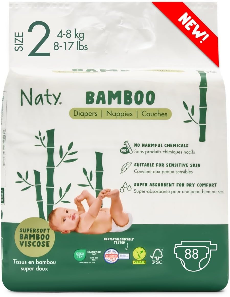 Naty Bamboo Viscose Baby Diapers  Silky Soft, Plant Based, Dermatologically Tested For Sensitive Skin & Super Absorbent (Size 2, 88 Count)