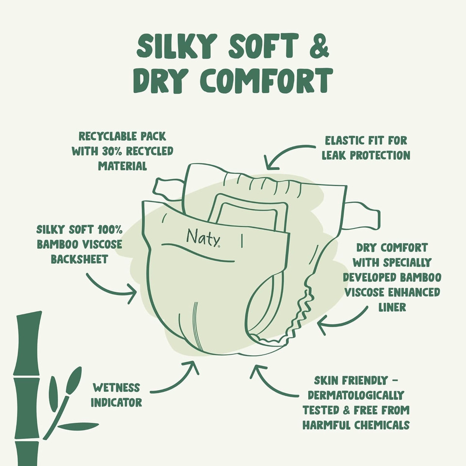 Naty Bamboo Viscose Baby Diapers  Silky Soft, Plant Based, Dermatologically Tested For Sensitive Skin & Super Absorbent (Size 2, 88 Count)