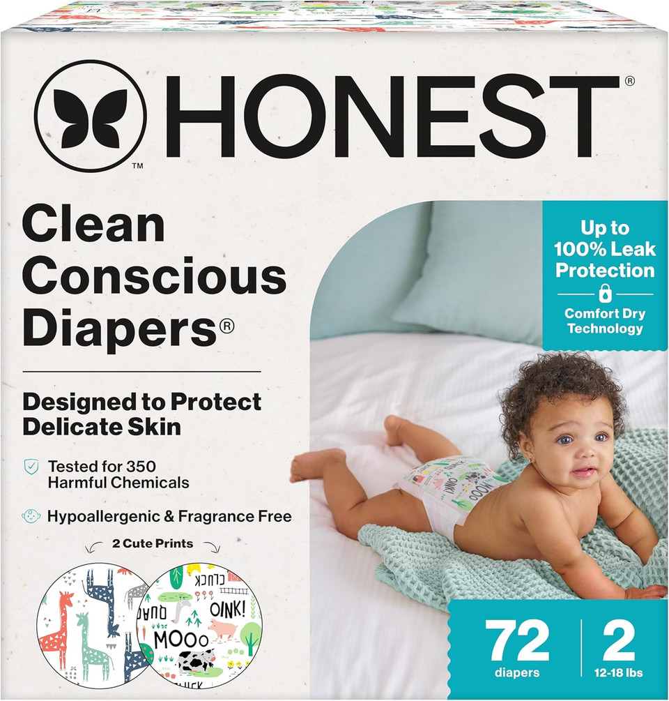 The Honest Company Clean Conscious Diapers For Delicate Skin | Up To 100% Leakproof | Hypoallergenic, Fragrance Free | Gender Neutral | Club Box, Size 5 (27+ Lbs), 44 Count (Prints May Vary)