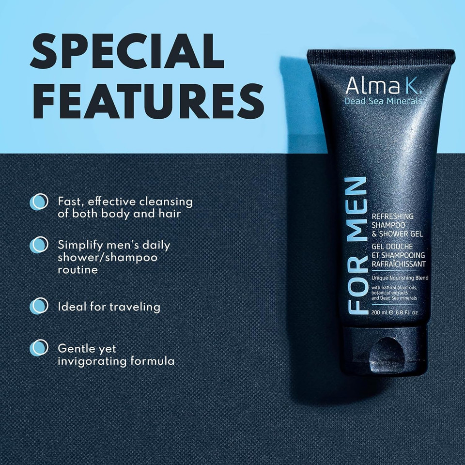 Alma K Refreshing Shampoo And Shower Gel - 2 In 1 Mens Body Wash And Clarifying Shampoo - Antioxidant-Rich With Argan Oil, Dead Sea Minerals - 6.8 Oz
