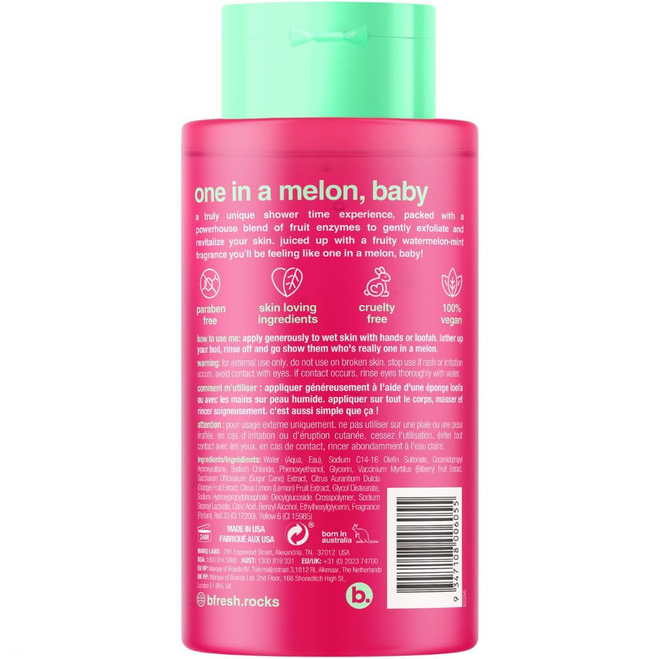 B.Fresh Exfoliating Body Wash | You'Re One In A Melon Revitalizing Shower Gel For Women & Men - Bodywash Enhanced With Exfoliating Fruit Enzymes, Smells Like Deliciously Fruity Watermelon, 16 Fl Oz