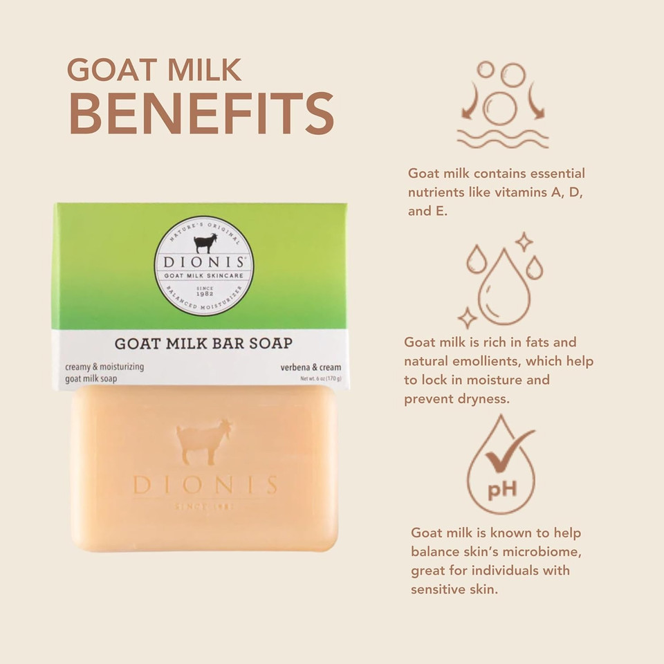 Dionis Goat Milk Verbena And Cream Scented Hand And Body Soap Bar, Hydrating Moisturizing Wash For Sensitive Skin, Gentle Lasting Hydration, Cruelty Free, Non Greasy, Paraben Free, Made In Usa, 6Oz