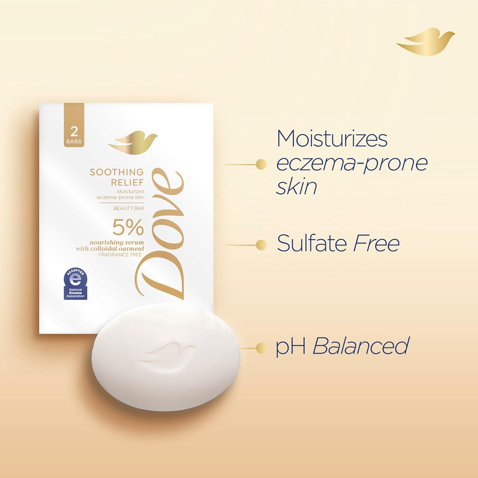 Dove Fragrance Free Beauty Bar Soothing Relief 5 Bars Moisturizes Eczema-Prone Skin 5% Nourishing Serum With Colloidal Oatmeal 7.5 Oz