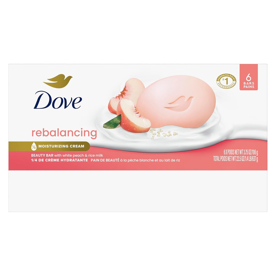 Dove Beauty Bar Soap Rebalancing White Peach & Rice Milk 6 Count For A Nourished And Moisturized Skin, With ¼ Moisturizing Cream Plant-Based Formula, 3.75 Oz