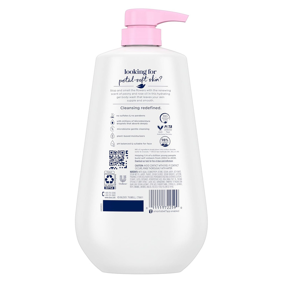 Dove Body Wash With Pump Renew Peony & Rose Oil For 24Hr Lotion-Soft Skin Moisturizing Skin Cleanser With No Sulfates No Parabens 30.6 Oz