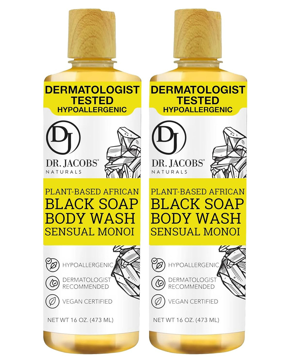 Dr Jacobs Naturals Authentic African Black Liquid Soap With Sensual Monoi Scent | All-In-One Face Wash, Sensitive Skin Body Wash, Shampoo, Shaving Soap | Moisturizing And Nourishing Formula | 16Oz 2Pk