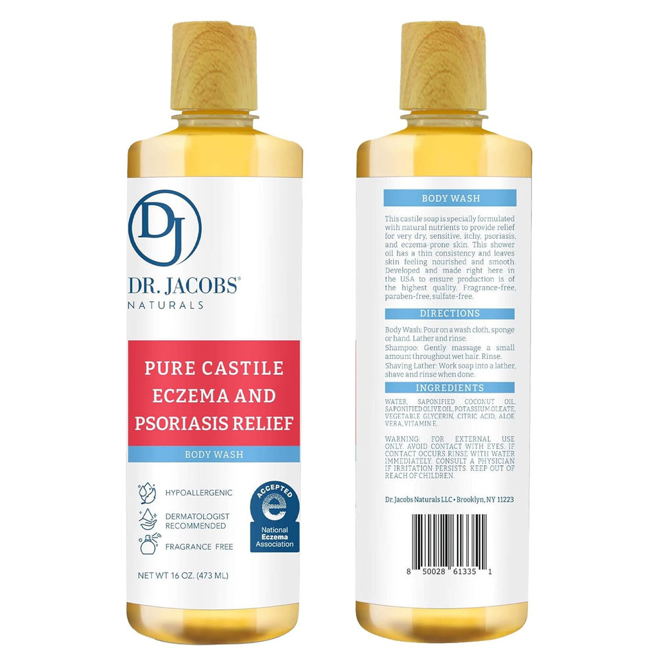 Dr. Jacobs Naturals Hypoallergenic Castile Soap, Dermatologist Tested Unscented Soap For Eczema & Psoriasis Relief - Sensitive Skin Body Wash Vegan & Gluten-Free Formula For All-Day Hydration 16Oz-2Pk