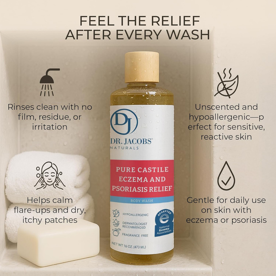 Dr. Jacobs Naturals Hypoallergenic Castile Soap, Dermatologist Tested Unscented Soap For Eczema & Psoriasis Relief - Sensitive Skin Body Wash Vegan & Gluten-Free Formula For All-Day Hydration 16Oz-2Pk