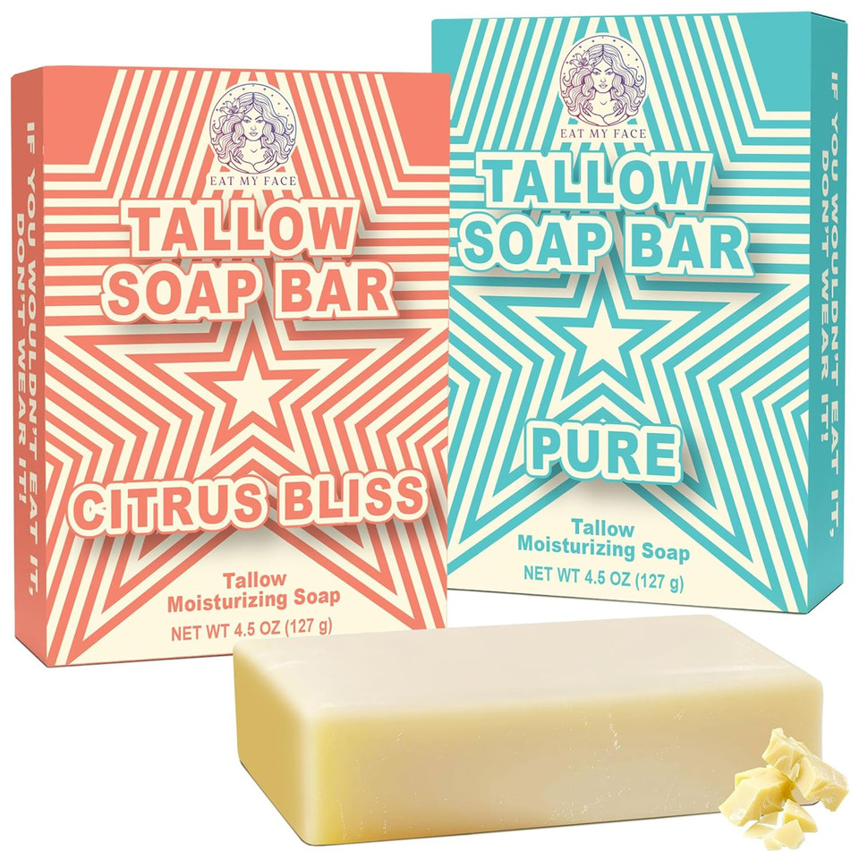 Eat My Face Natural Tallow Bar Soap Bundle - Moisturizing & Nourishing, Handmade With Grass-Fed Tallow, Organic Ingredients For All Skin Types - Unscented & Orange And Bergamot Scent - 4.5 Oz