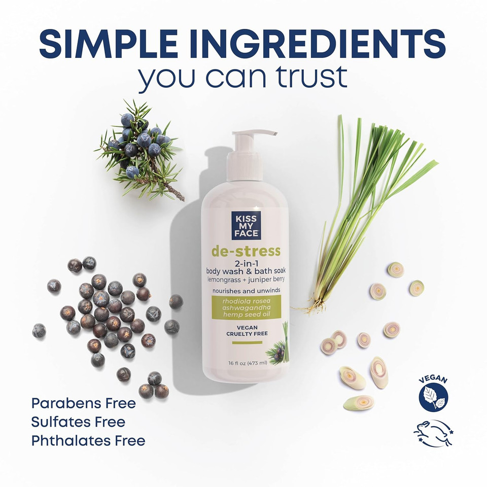Kiss My Face De-Stress 2-In-1 Body Wash & Bath Soak - Lemongrass + Juniper Berry - Botanical Blend - Vegan And Cruelty Free - With Added Rhodiola Rosea, Hemp Seed Oil And Ashwagandha - 16 Fl Oz Bottle