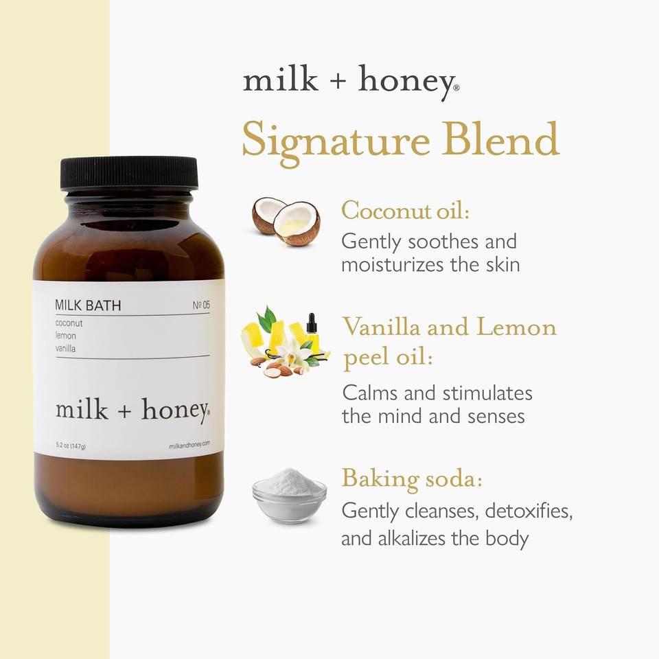 Milk + Honey Milk Bath No. 05  Moisturizing Coconut Oil Bath Soak With Vanilla & Lemon Peel, Luxurious Skin Softening Formula, 5.3 Oz