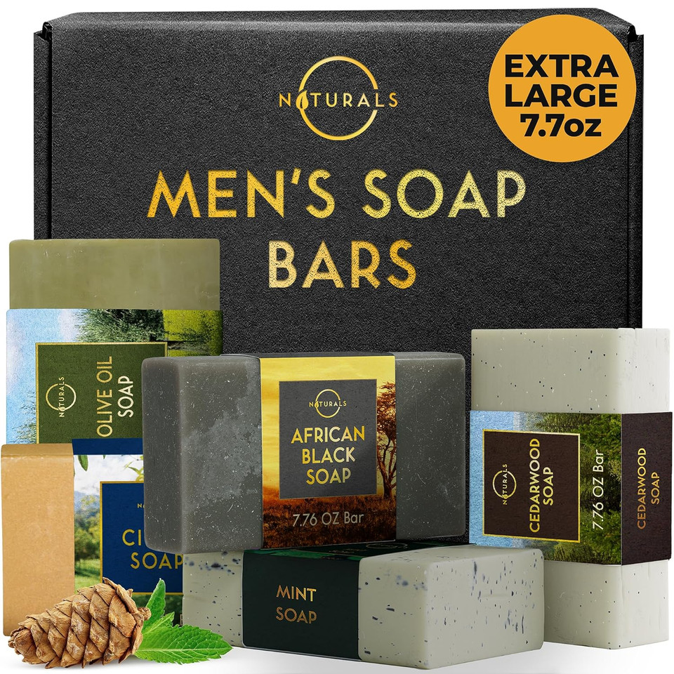 O Naturals 5Pc Mens Soap Gift Sets, Gifts For Men, Organic Bar Soap For Men, Mens Gift Set Exfoliating Soap Cedarwood & Mint, Mens Bar Soap In Citrus, Olive Oil, African Black Soap, Soap Gifts For Men
