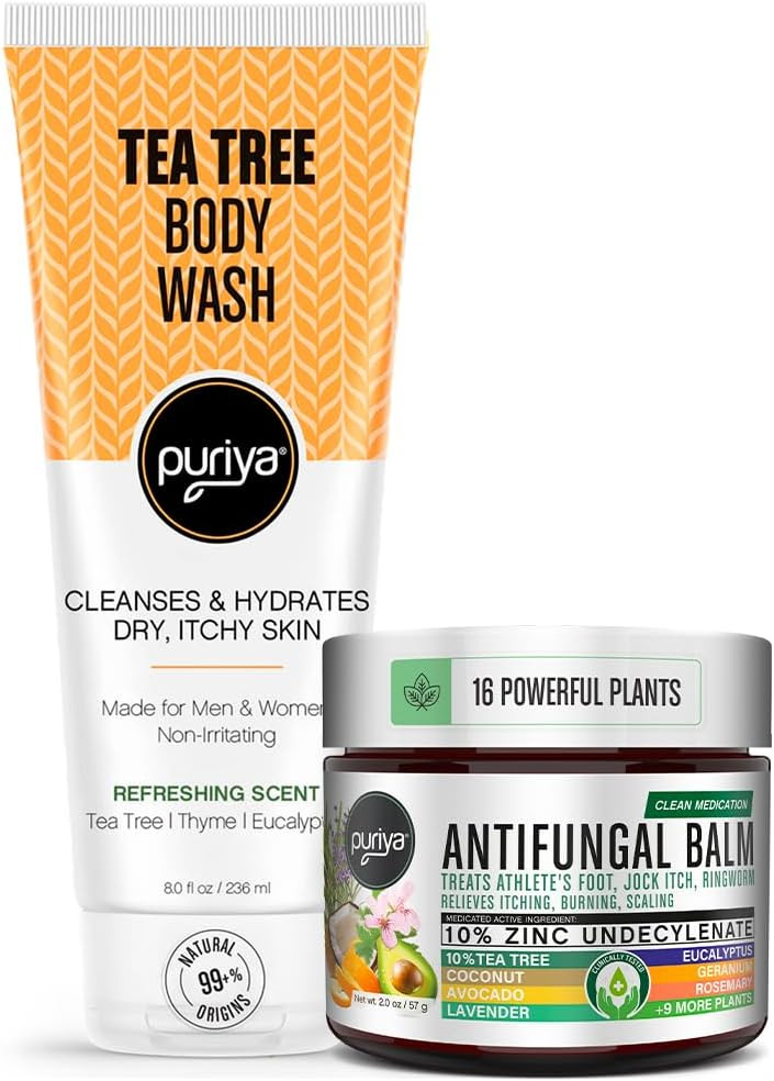 Puriya Tea Tree Oil Balm And Tea Tree Body Wash For Men, Women Bundle Set, Physician Formulated Extra Strength Soap, Doctor Formulated Athletes Foot Cream, Jock Itch, Fast Acting