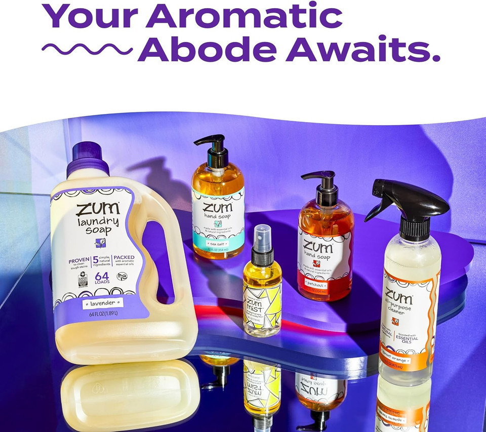 Zum Indigo Wild Home Essentials - Laundry Soap (64 Oz) - Liquid Hand Soap (12 Fl Oz) - Room Spray Air Freshener (4 Fl Oz) - Goat Milk Soap Bar (3 Oz) - Lavender Scent