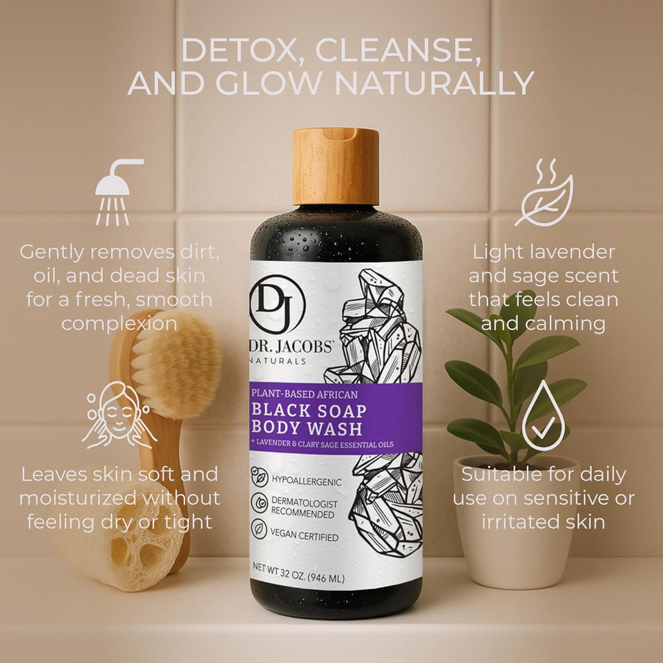 Dr Jacobs Naturals Authentic African Black Liquid Soap With Lavender & Sage Scent | All-In-One Face Wash, Sensitive Skin Body Wash, Shampoo, Shaving Soap | Moisturizing And Nourishing Formula 16Oz 1Pk