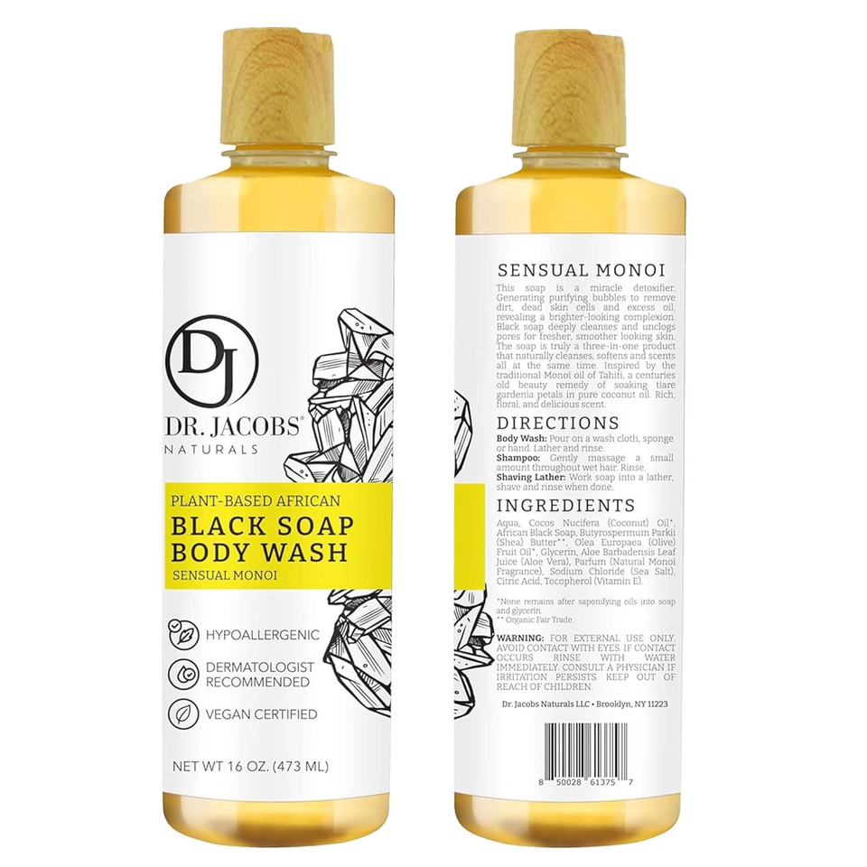 Dr Jacobs Naturals Authentic African Black Liquid Soap With Sensual Monoi Scent | All-In-One Face Wash, Sensitive Skin Body Wash, Shampoo, Shaving Soap | Moisturizing And Nourishing Formula | 32Oz 1Pk