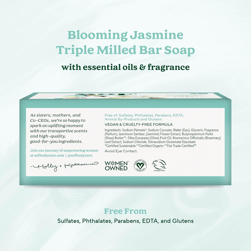 Sof Triple Milled Bar Soap - With Coconut Oil & Organic Shea Butter- Vegan & Non Gmo- Free From Phthalates, Sulfates & Parabens- Blooming Jasmine - 6 Oz Bar 6 Bars