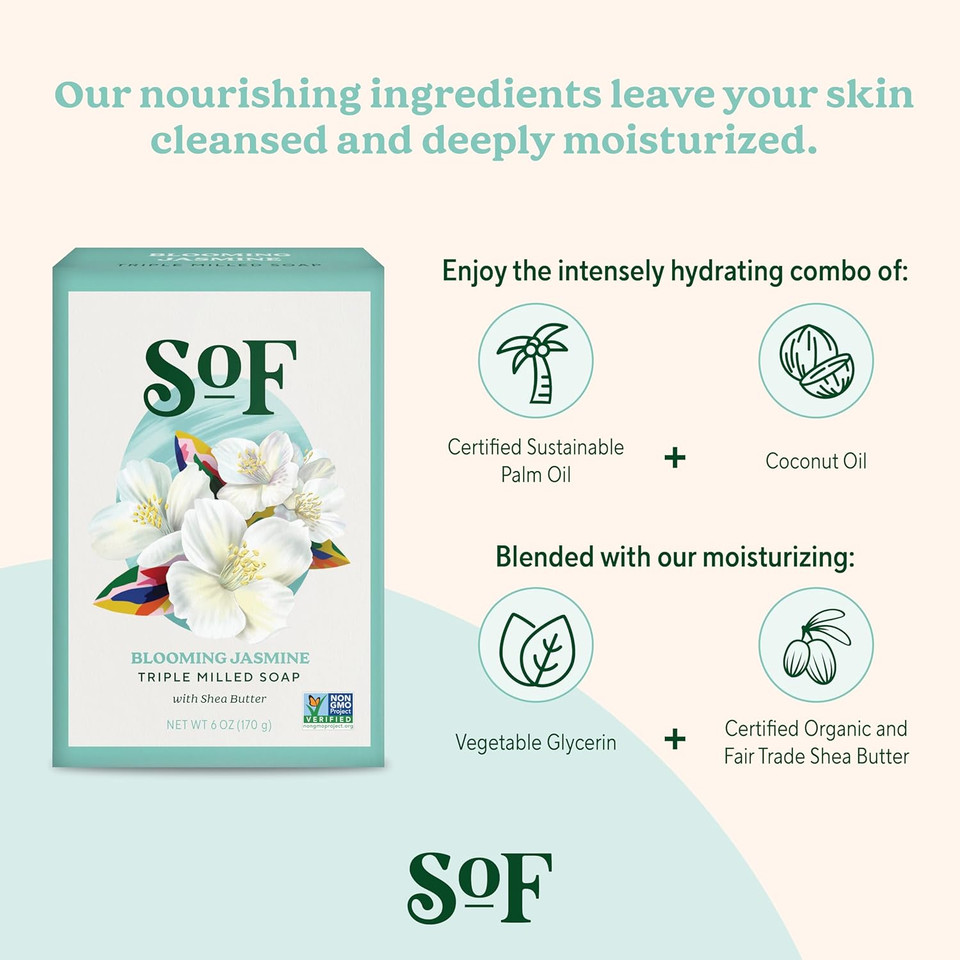 Sof Triple Milled Bar Soap - With Coconut Oil & Organic Shea Butter- Vegan & Non Gmo- Free From Phthalates, Sulfates & Parabens- Blooming Jasmine - 6 Oz Bar 6 Bars
