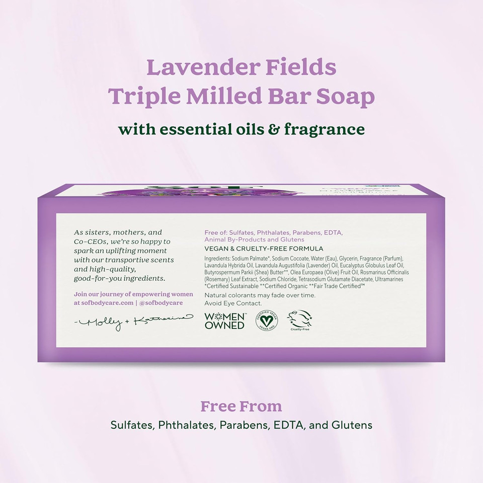 Sof Triple Milled Bar Soap - With Coconut Oil & Organic Shea Butter- Vegan & Non Gmo- Free From Phthalates, Sulfates & Parabens- Lush Gardenia - 6 Oz Bar 6 Bars