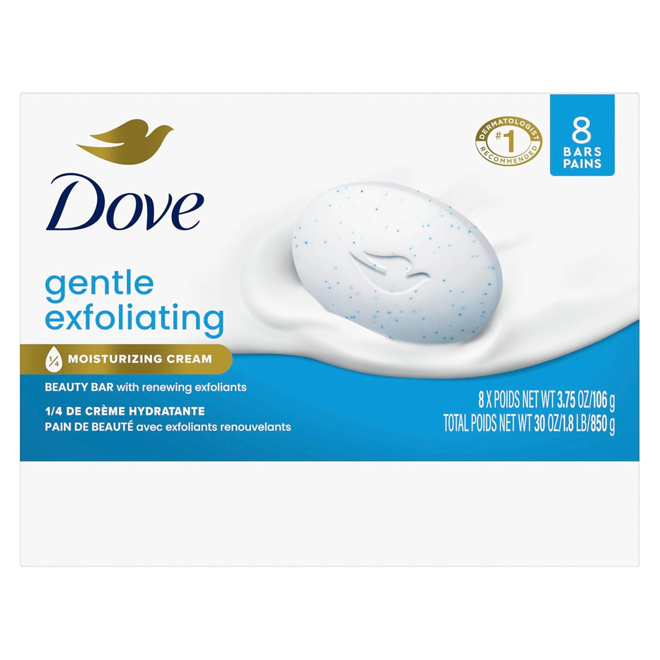 Dove Beauty Bar Soap 8 Bars Gentle Exfoliating, For Soft, Smooth Skin, Gently Renews Skin 3.75 Oz