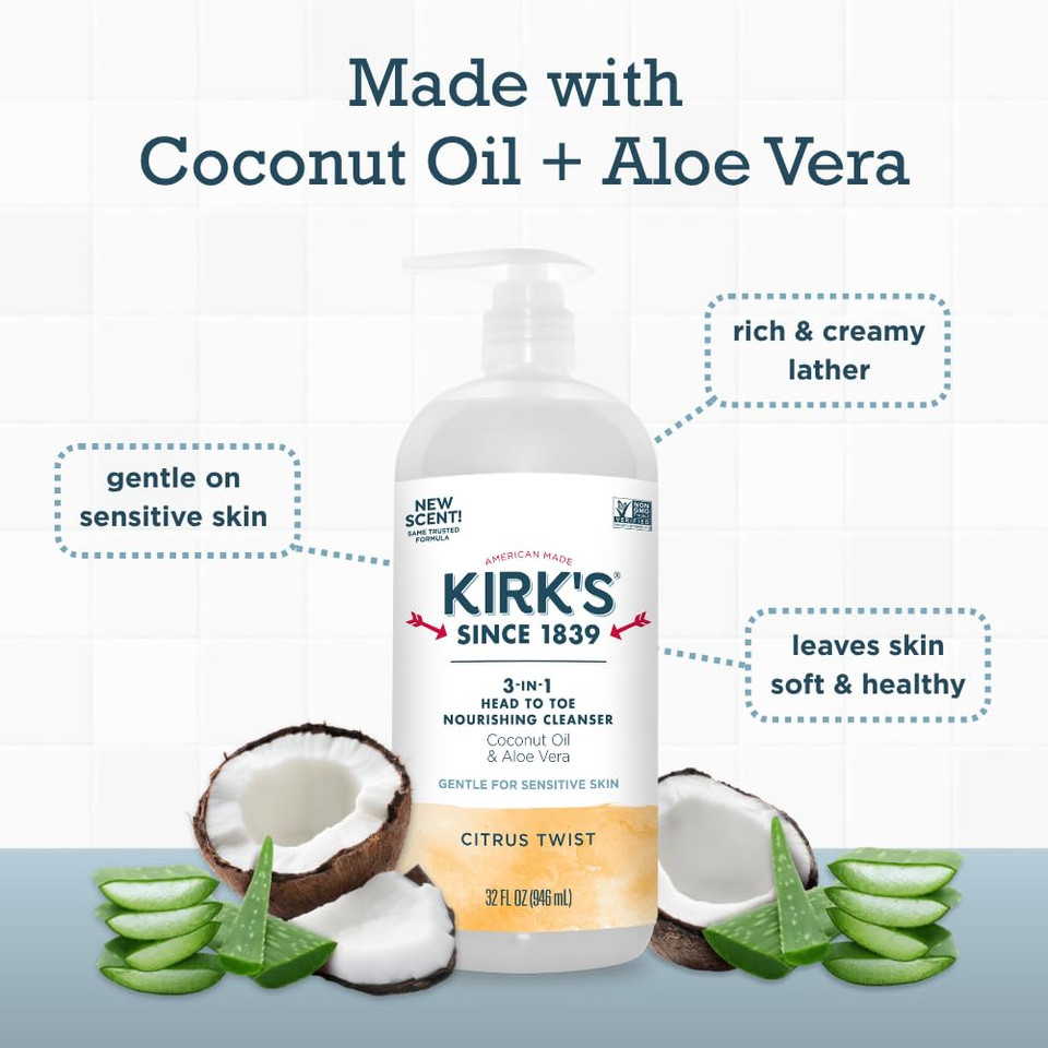 Kirk'S 3-In-1 Head To Toe Nourishing Liquid Cleanser- For Men, Women & Children - Premium Coconut Oil & Aloe Vera- Non Gmo & Vegan - Citrus Twist - 32 Fl Oz