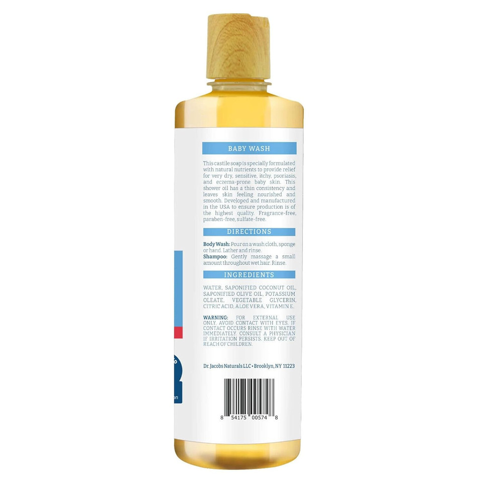 Dr. Jacobs Pure Castile Baby Wash - Effective Body Wash To Relieve Baby Eczema - Gentle Shampoo And Unscented Soap For Sensitive Skin, And Hypoallergenic - 16 Oz