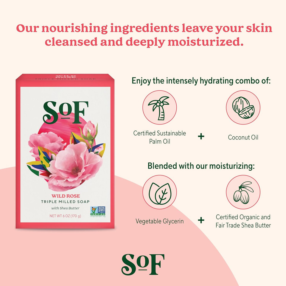 Sof Triple Milled Bar Soap - With Coconut Oil & Organic Shea Butter- Vegan & Non Gmo- Free From Phthalates, Sulfates & Parabens- Wild Rose - 6 Oz Bar 6 Bars