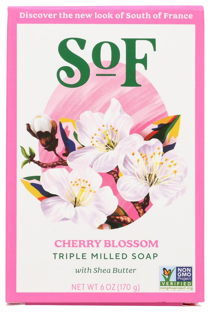Sof Triple Milled Bar Soap - With Coconut Oil & Organic Shea Butter- Vegan & Non Gmo- Free From Phthalates, Sulfates & Parabens- Cherry Blossom - 6 Oz Bar 4 Bars