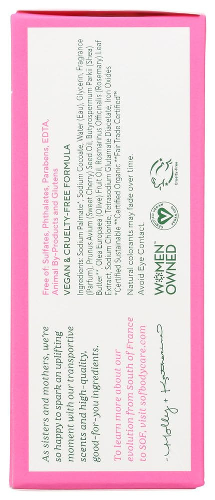 Sof Triple Milled Bar Soap - With Coconut Oil & Organic Shea Butter- Vegan & Non Gmo- Free From Phthalates, Sulfates & Parabens- Cherry Blossom - 6 Oz Bar 4 Bars