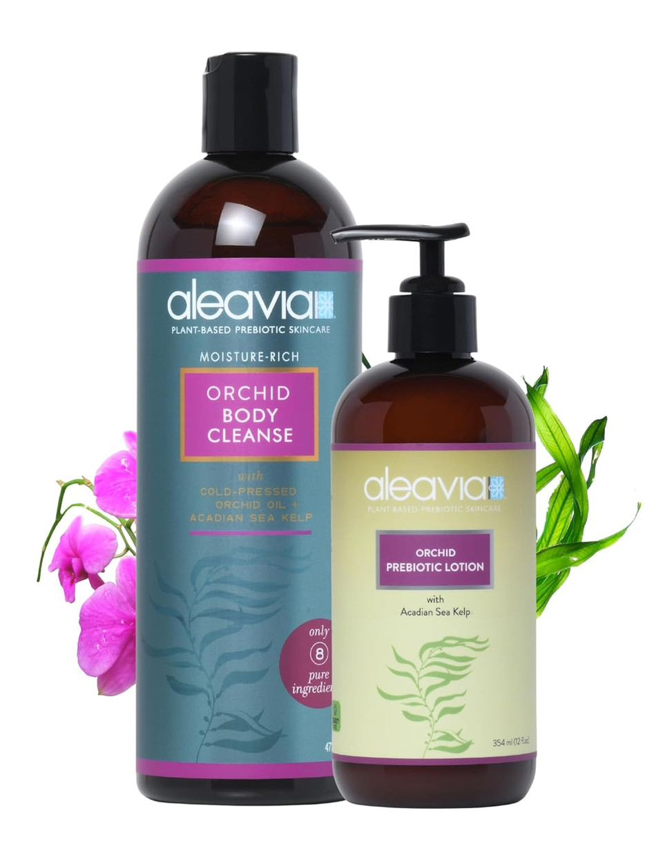 Aleavia Orchid Body Cleanse And Orchid Prebiotic Body Lotion Bundle  Organic & All-Natural Prebiotic, Vegan Body Wash With Orchid Oil (16 Oz)  All-Natural Moisturizing Body Lotion (12 Oz)