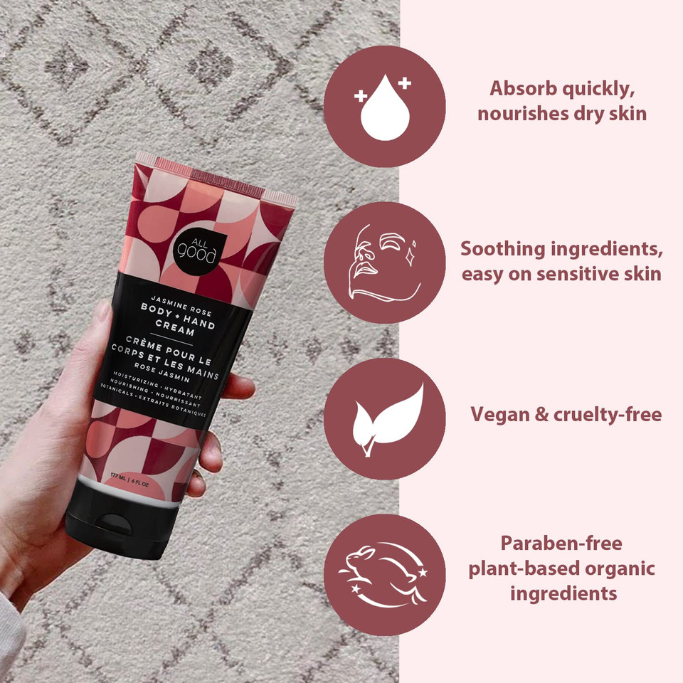 All Good Hand & Body Lotion - Moisturizing Organic Lotion For Dry Skin - Jasmine Oil, Cocoa Butter, Rosehip Oil, Arnica, Vitamin E - Non-Greasy Body Butter, 6 Fl Oz (Jasmine Rose)