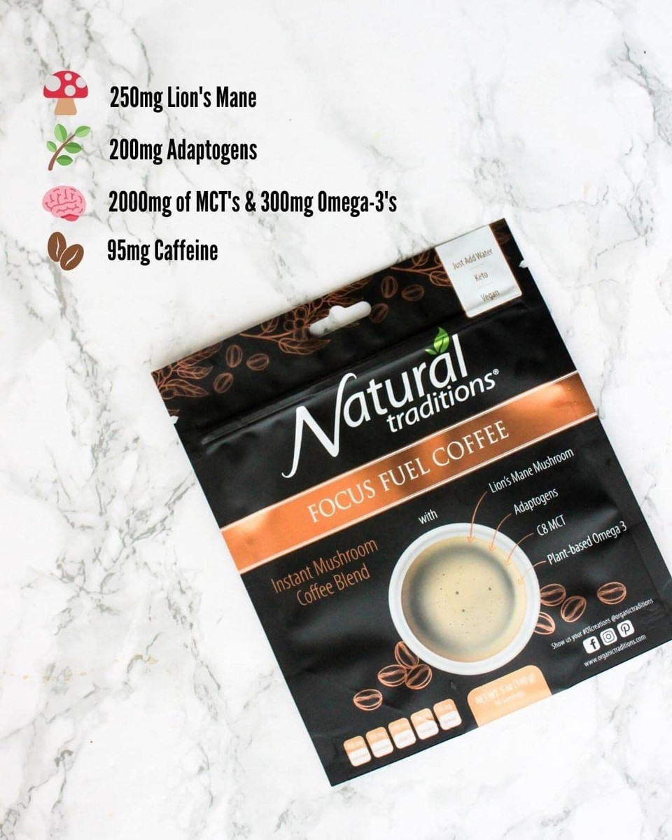 Natural Traditions Focus Fuel Mushroom Coffee - Lions Mane Instant Coffee Blend With Adaptogens, C8 Mct & Plant Based Omega 3 Supplement - 140G/5Oz
