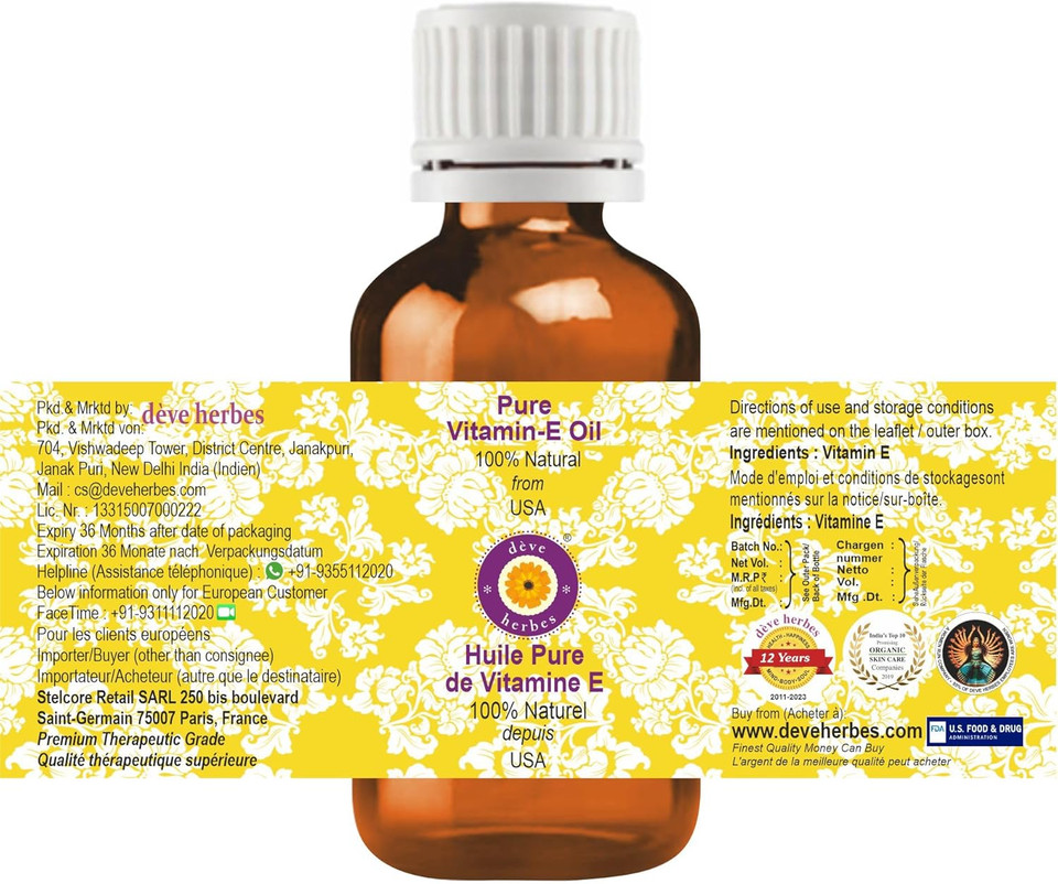 Deve Herbes Pure Vitamin E Oil Natural Therapeutic Grade 50Ml (1.69 Oz) Deve Herbes Pure Vitamin E Oil Natural Therapeutic Grade 50Ml (1.69 Oz)