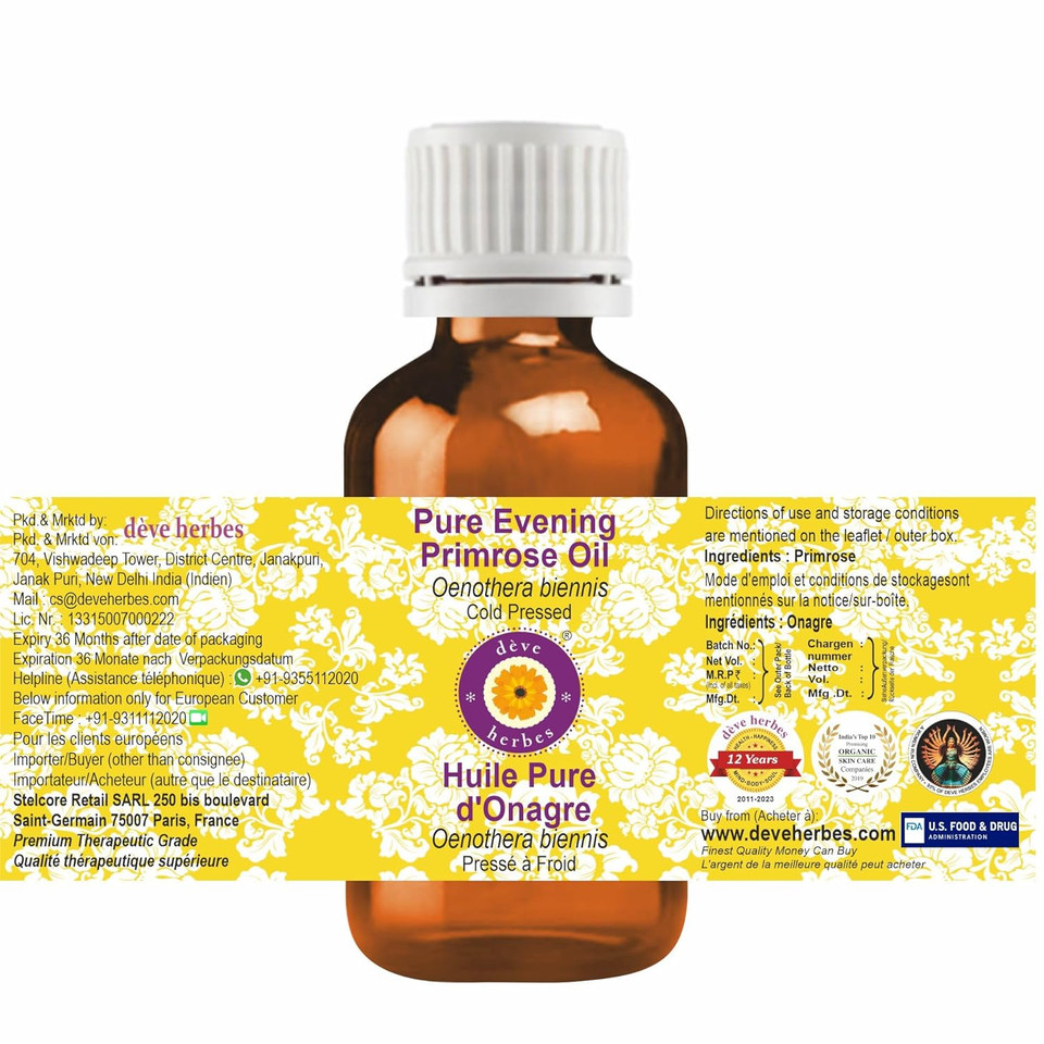 Deve Herbes Evening Primrose Oil (Oenothera Biennis) With Glass Dropper | Cold Pressed | Pure | Natural | For Diluting Essential Oils | Skin & Massage | Non-Sticky | Lightweight | Unisex | 30Ml (1 Oz)