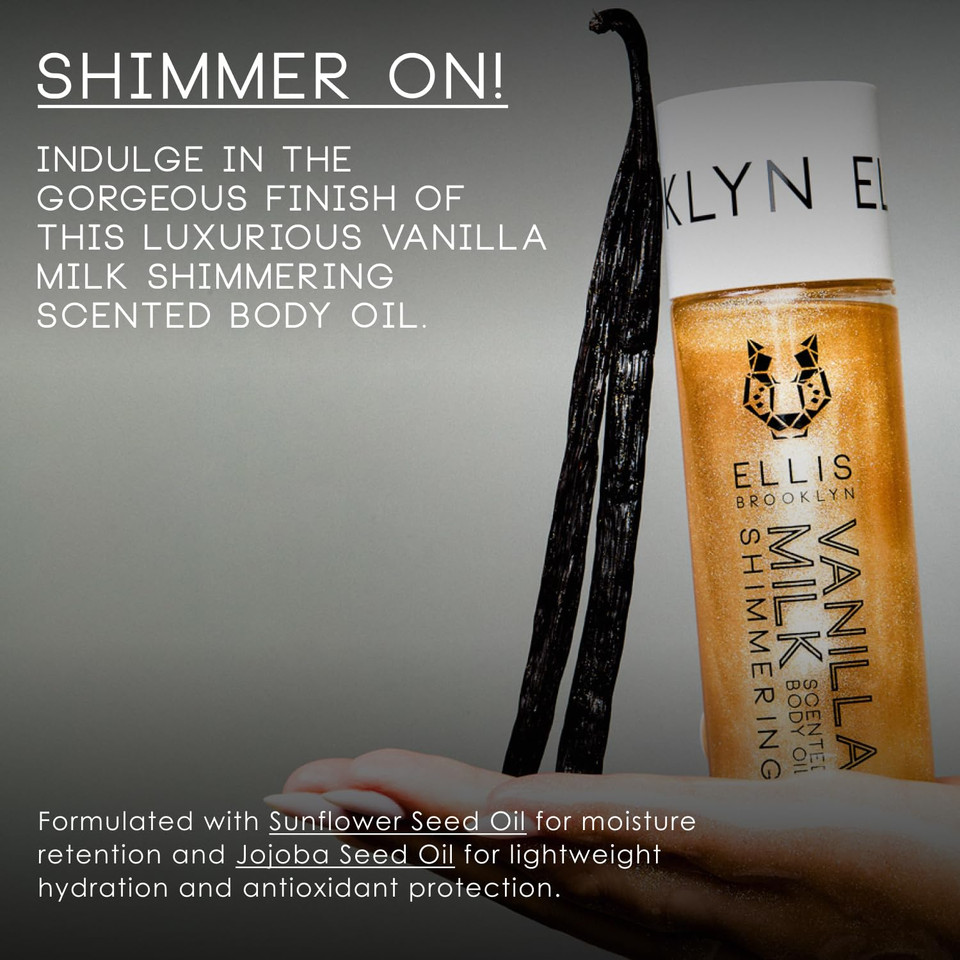 Ellis Brooklyn Vanilla Milk Shimmering Scented, Shimmer Body Oil, Dry Oil For Body, Moisturizing, Vanilla Body Oil Fragrance, Body Glow, 3.2 Fl Oz