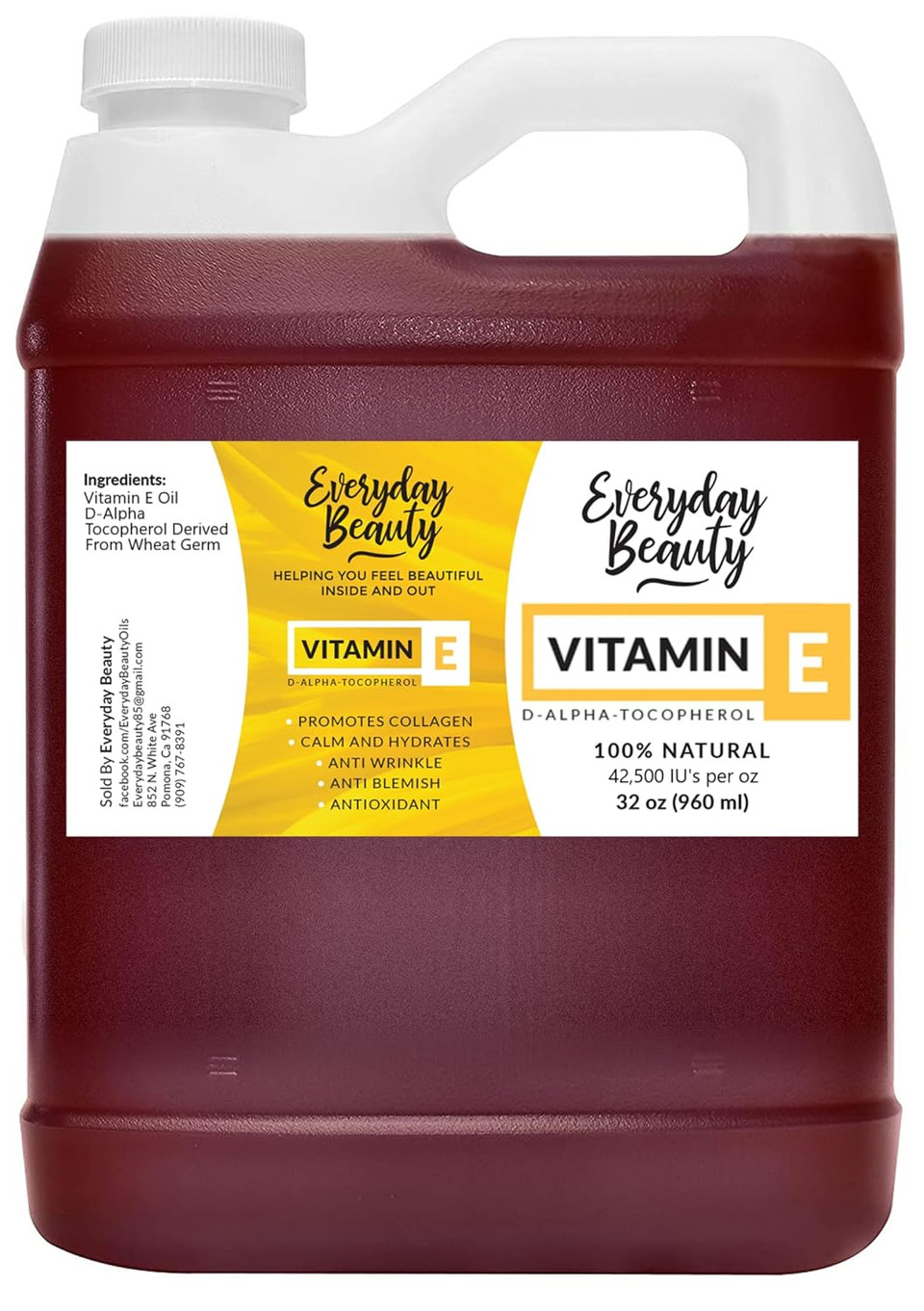 Pure Vitamin E Oil Bulk - 16 Oz D-Alpha Tocopherol 100% Pure & All Natural 42,500 Iu Per Oz - Not A Blend, Thick, Amber Color - From Wheat Germ - Face Body Hair - Diy Cosmetics & After Surgery Scars