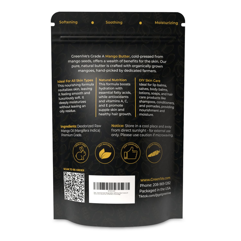 Greenive Deodorized Mango Butter 100% Pure Raw Creamy All Natural Skin Moisturizer (16 Ounce Jar)