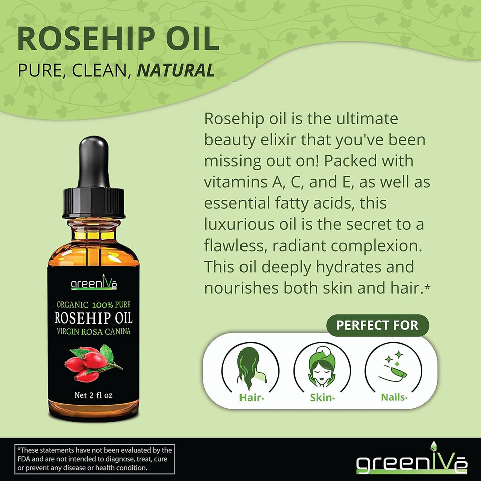 Greenive Organically Grown Rosehip Oil Rosa Canina 100% Pure Cold Pressed Virgin Oil Natural (16 Fl Oz)