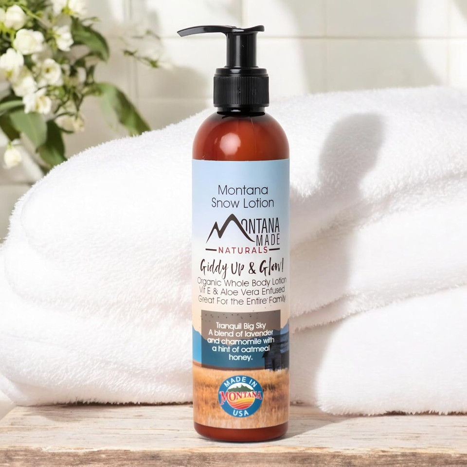 Montana Snow Lotion - Organic Handmade Hydrating Daily Moisturizing Lotion For Extremely Dry Skin, Shea Body Lotion, 100% Natural Non Toxic Body Lotion, Vit E And Aloe Vera 8Oz (Tranquil Big Sky 8Oz)