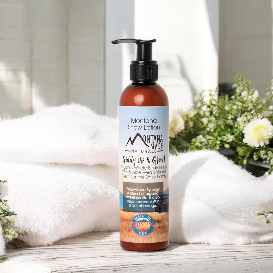 Montana Snow Lotion - Organic Handmade Hydrating Daily Moisturizing Lotion For Extremely Dry Skin, Shea Body Lotion, 100% Natural Non Toxic Body Lotion, Vit E And Aloe Vera 8Oz (Yellowstone Synergy)