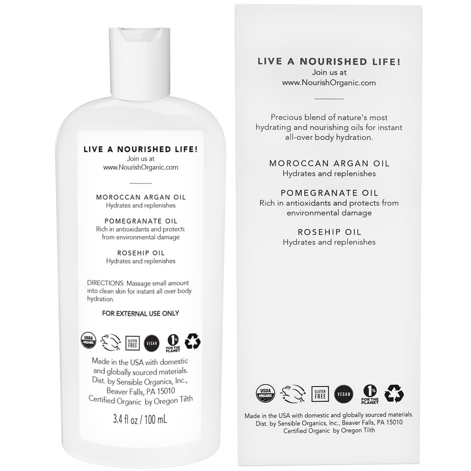 Nourish Organic Beauty Oil  Replenishing Moroccan Argan, Pomegranate, Rosehip & Vitamin E Oils, 3.4 Oz + Washable Cotton Round