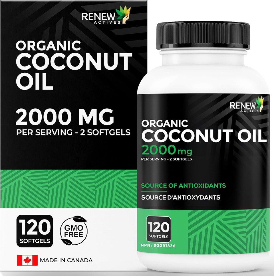 Renew Actives Coconut Oil Supplement 2000Mg Per 2 Softgels - Premium Source Of Antioxidants, Natural Fatty Acids & Metabolism Support For Optimal Health & Energy - Made In Canada - 120 Softgels