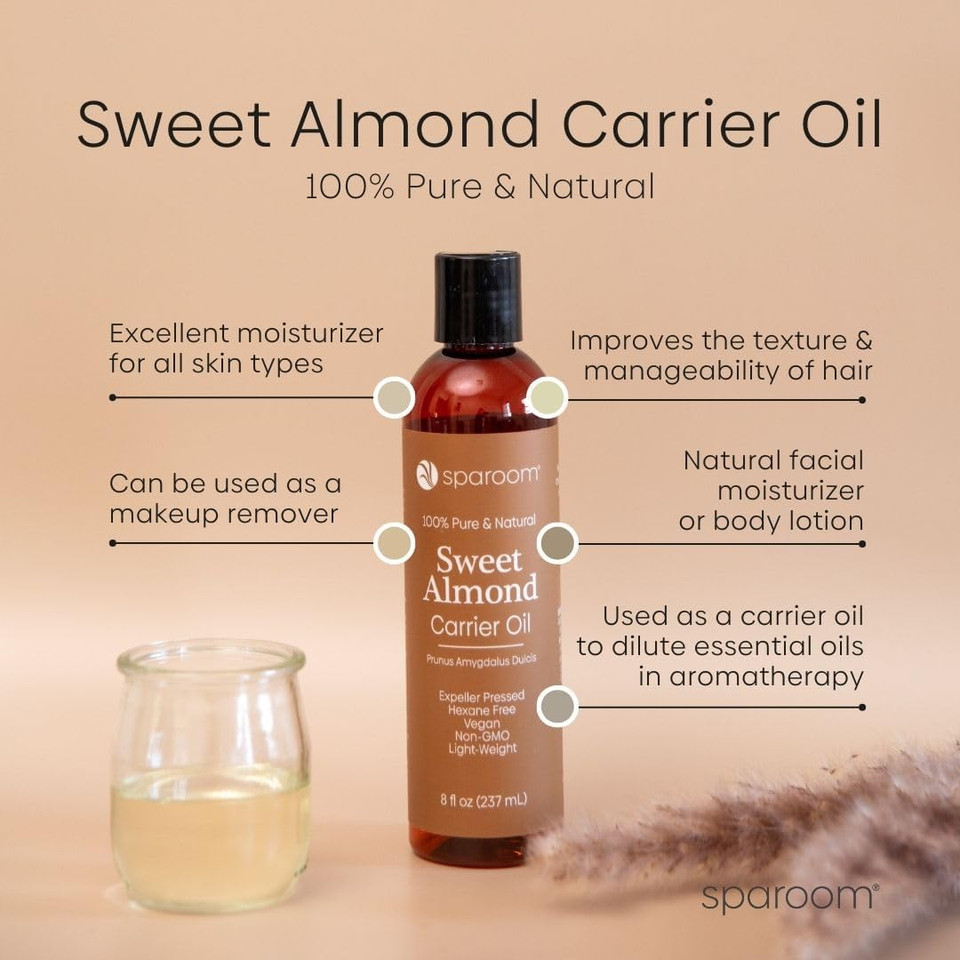 Sparoom 100% Pure And Natural Carrier Oil, Hair And Skin Moisturizer, Aromatherapy And Massage Oil Base For Essential Oils, 8 Ounces, Sweet Almond Oil