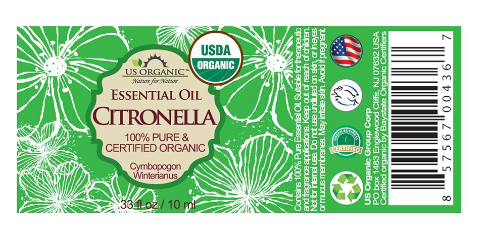 Us Organic Citronella Essential Oil, Certified Organic, Pure & Natural, Improved Caps And Droppers. Used For Skin Care, Diy Projects Like Candle Making And Much More (10 Ml.33 Fl Oz)
