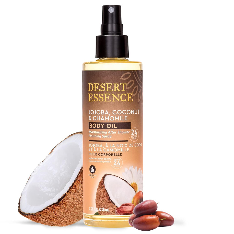 Desert Essence Body Oil Spray  8.28 Fl Oz | Jojoba, Coconut & Chamomile | 24-Hour Moisture For Dry Skin | Lightweight After-Shower Oil | Vegan, Cruelty-Free, B-Corp, Made In Usa